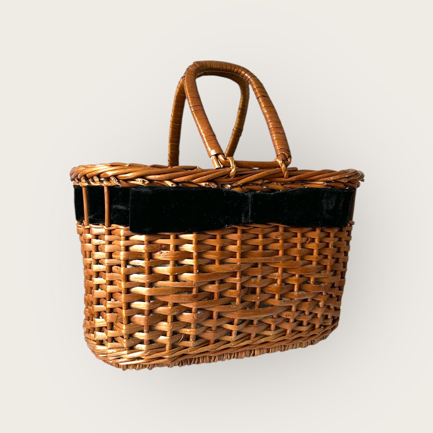 wicker basket bag with velvet bow