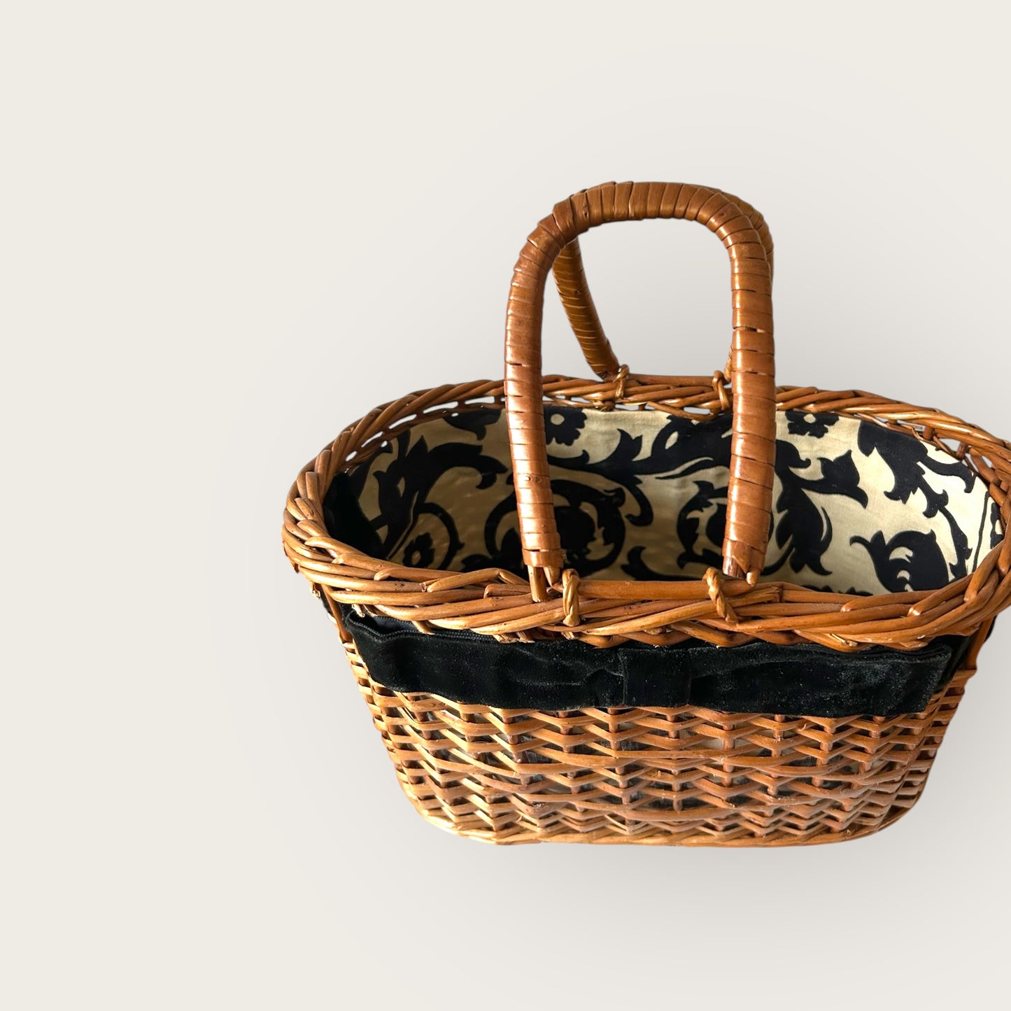 wicker basket bag with velvet bow