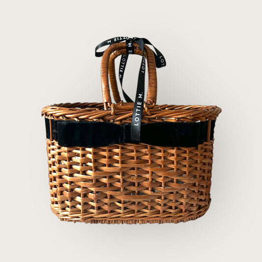 wicker basket bag with velvet bow